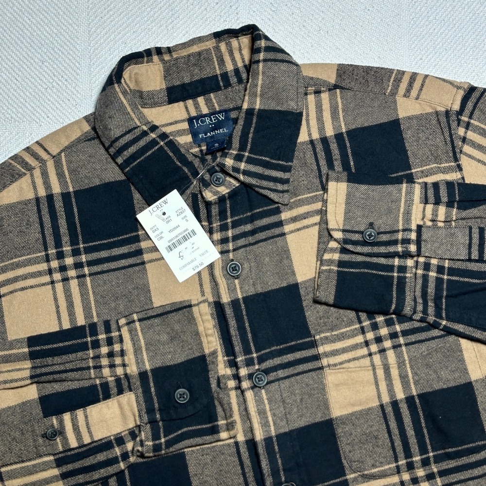 NEW J.Crew Flannel Button Up Shirt Mens Small Brown Black Plaid Brushed Cotton
